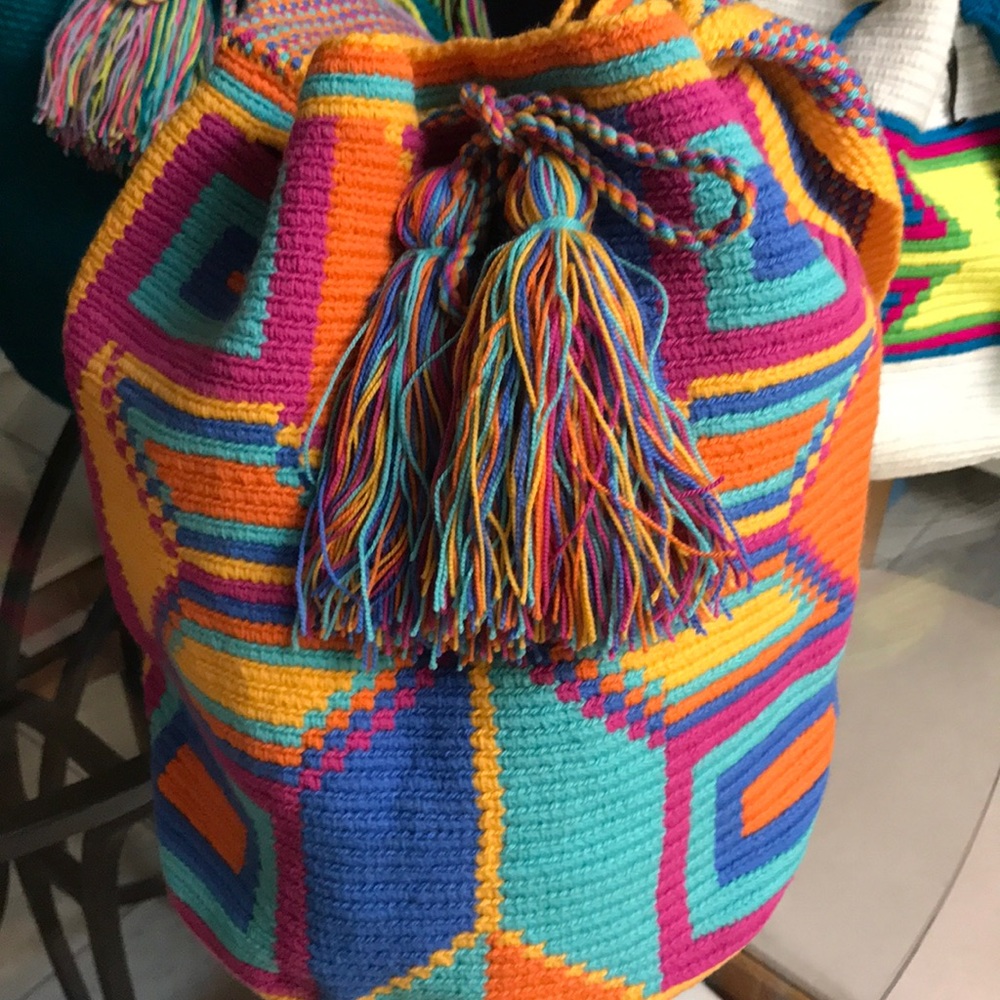 Brightly colored hand woven bucket bag, satchel